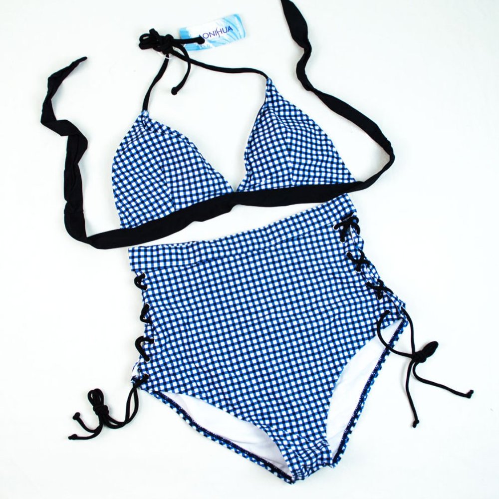 AONIHUA Blue Gingham Bikini Top High-Waist Bottoms - Picture 3 of 13